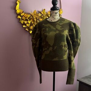 VENUS Olive Camouflage Puff Sleeve Sweater